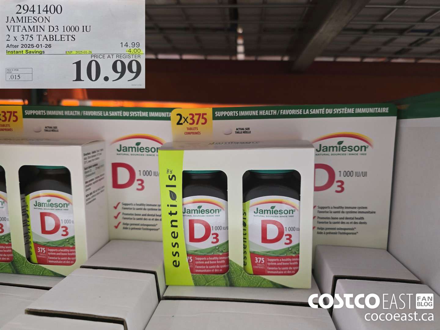 2941400 JAMIESON VITAMIN D3 1000 IU 2 X 375 TABLETS ($4.00 INSTANT SAVINGS EXPIRES ON 2025-01-26) $10.99