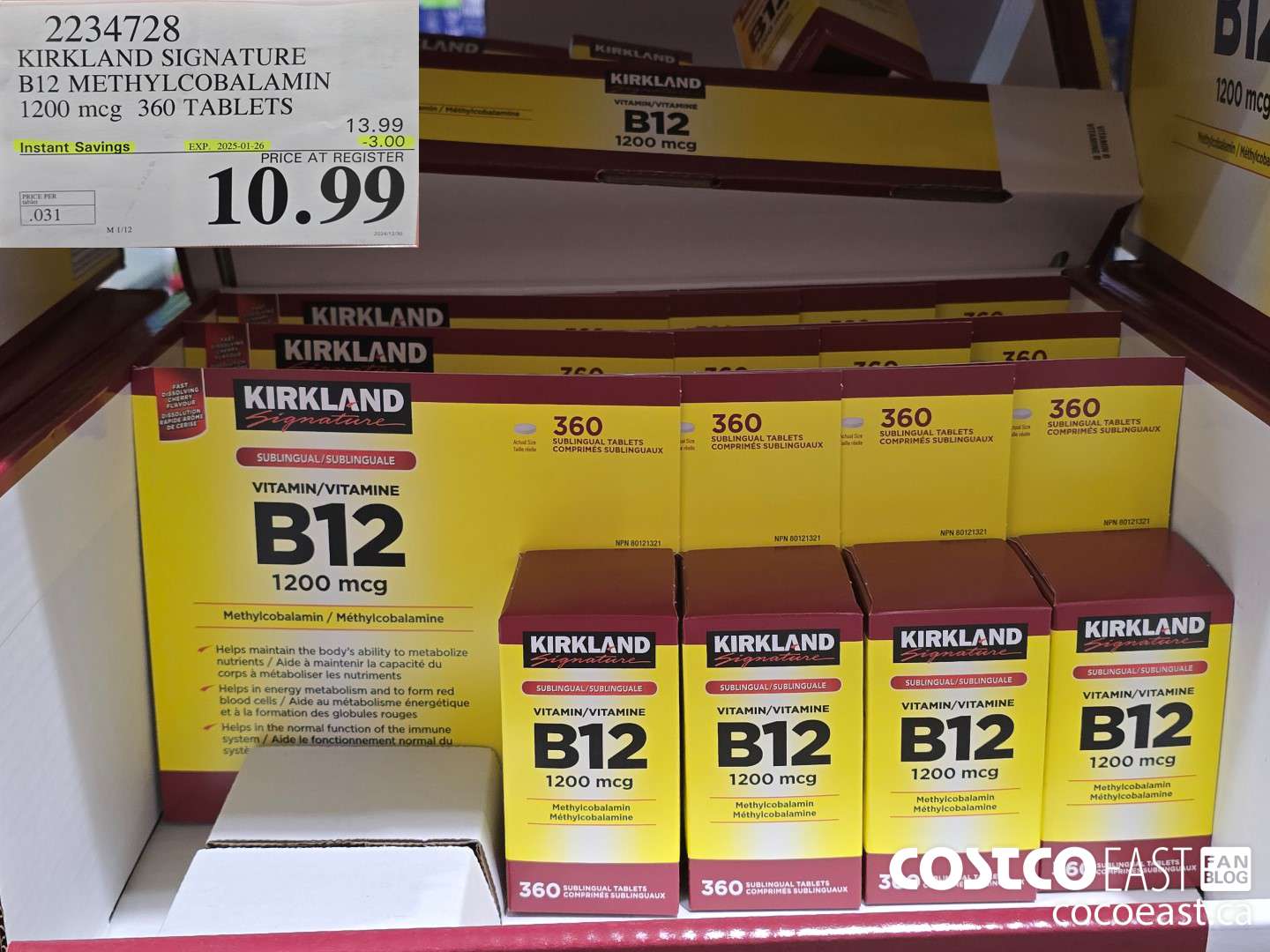 2234728 KIRKLAND SIGNATURE B12 METHYLCOBALAMIN 1200mcg 360 TABLETS ($3.00 INSTANT SAVINGS EXPIRES ON 2025-01-26) $10.99