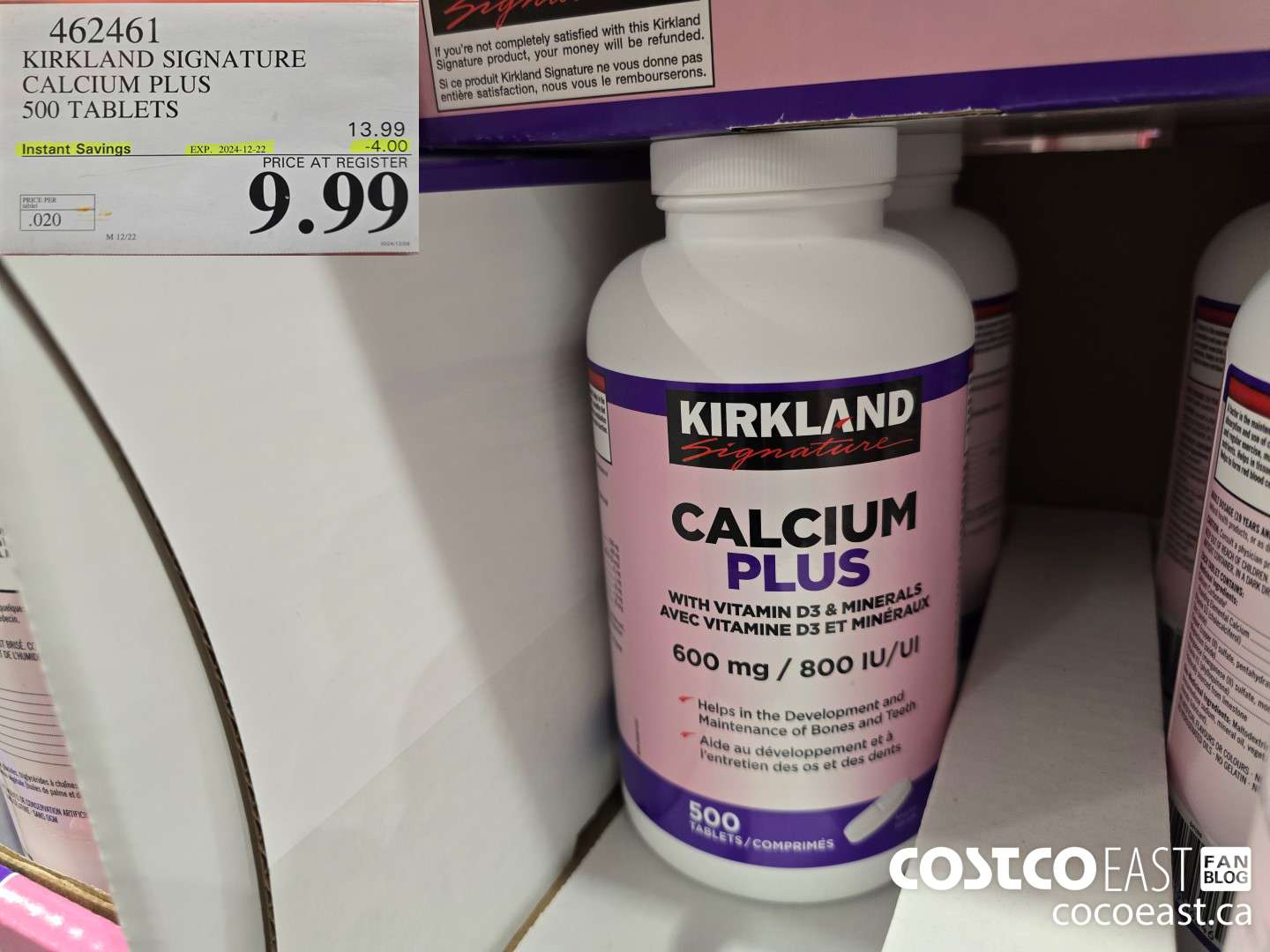 462461 KIRKLAND SIGNATURE CALCIUM PLUS 500 TABLETS ($4.00 INSTANT SAVINGS EXPIRES ON 2024-12-22) $9.99