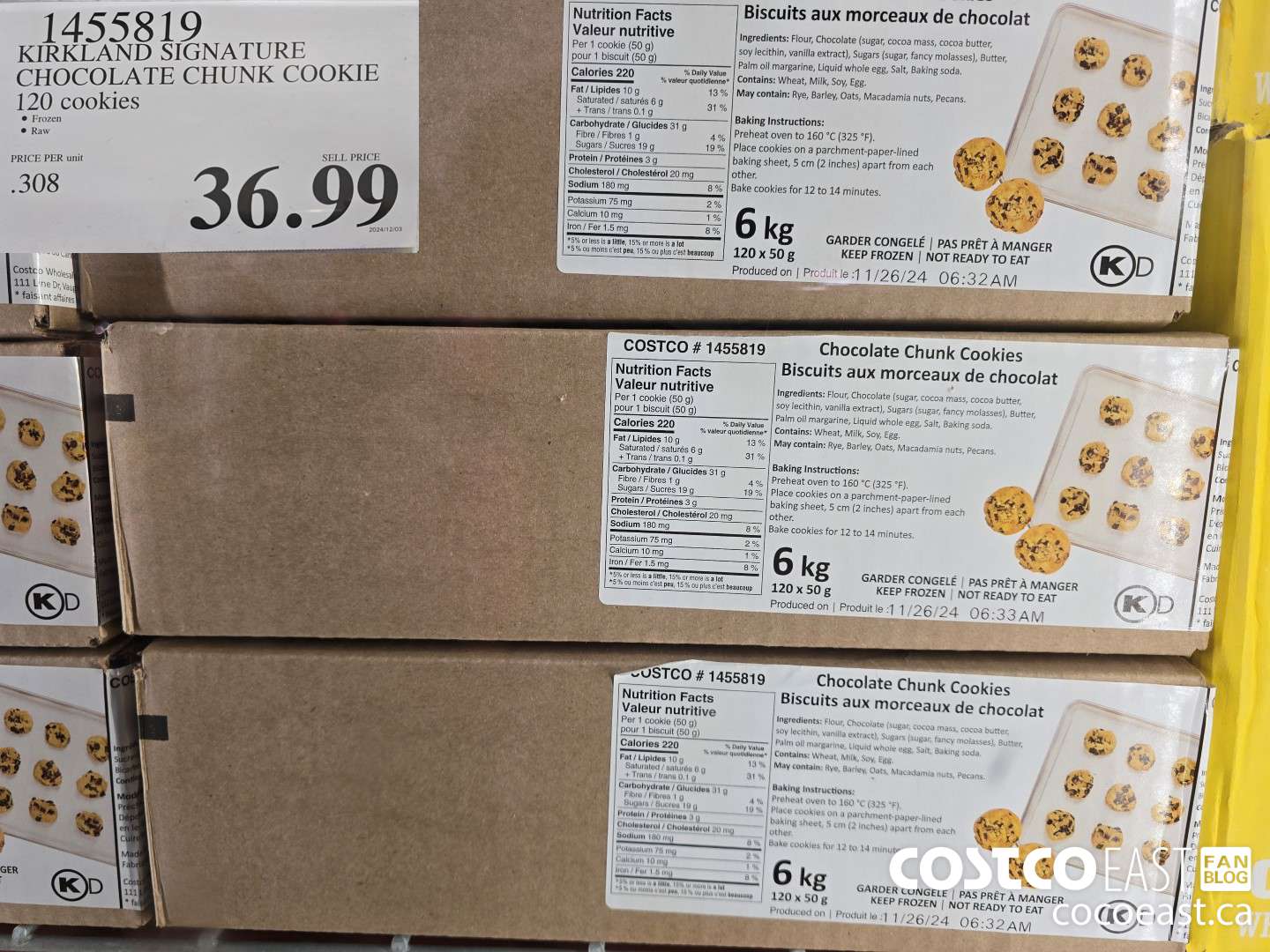 1455819 KIRKLAND SIGNATURE CHOCOLATE CHUNK COOKIE 120 COOKIES $36.99