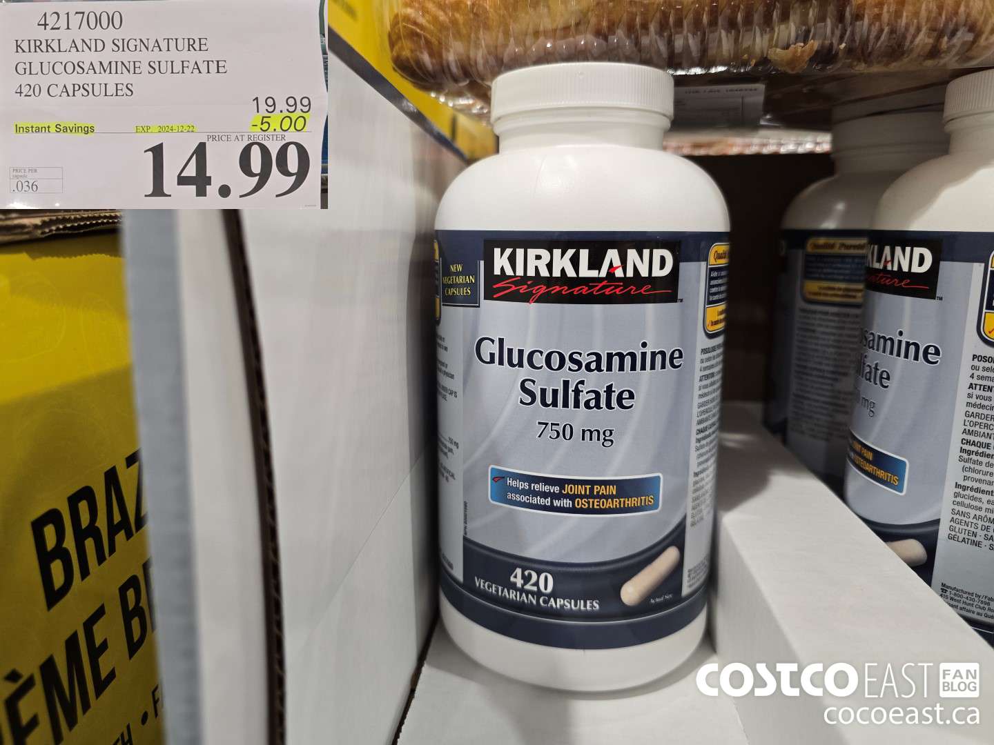 4217000 KIRKLAND SIGNATURE GLUCOSAMINE SULFATE 420 CAPSULES ($5.00 INSTANT SAVINGS EXPIRES ON 2024-12-22) $14.99