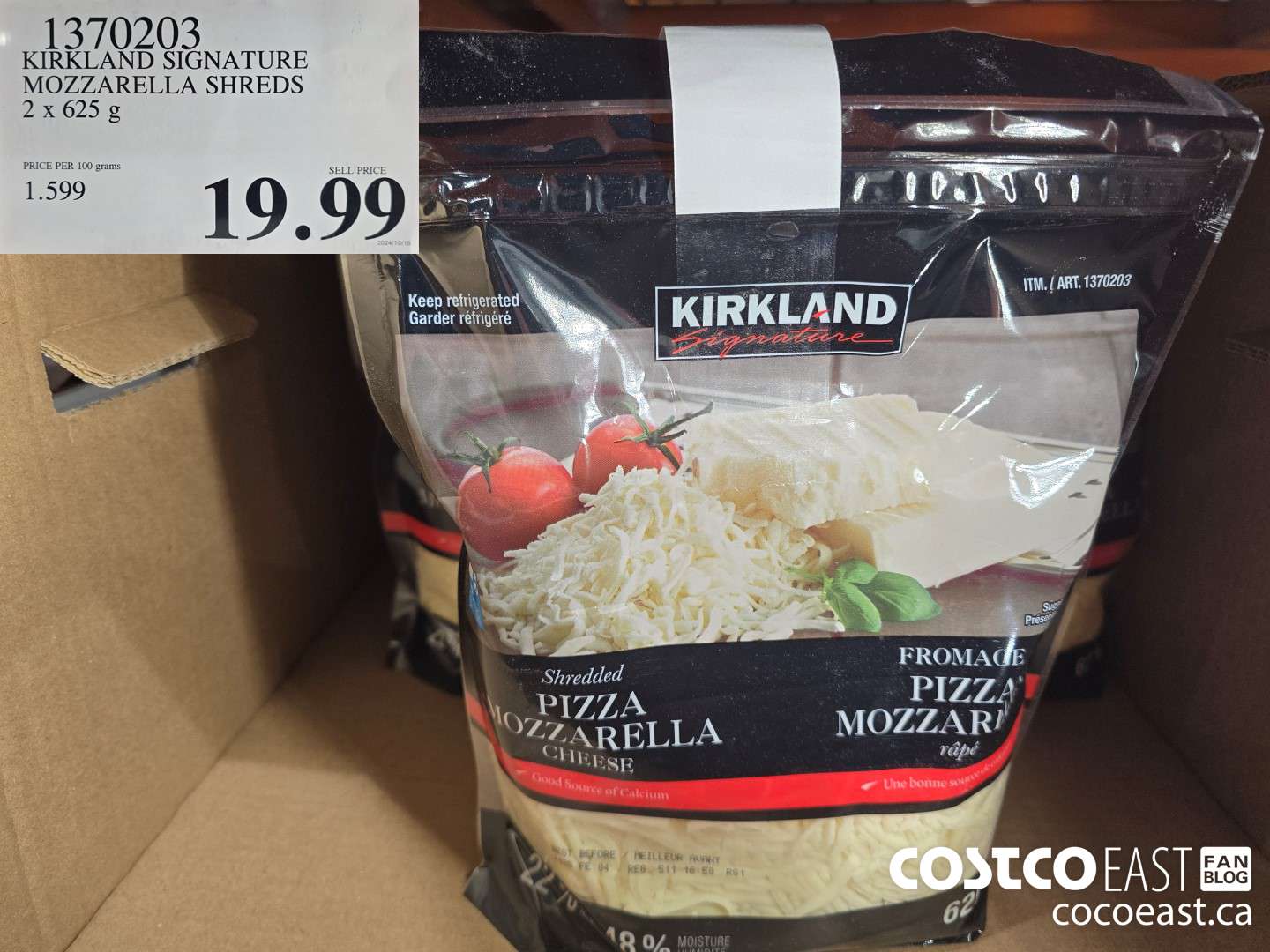 1370203 KIRKLAND SIGNATURE MOZZARELLA SHREDS 2 X 625G $19.99