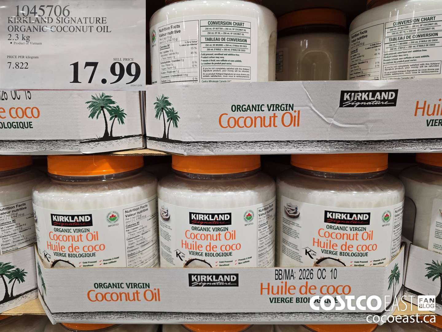 1045706 KIRKLAND SIGNATURE ORGANIC COCONUT OIL 2.3 KG $17.99