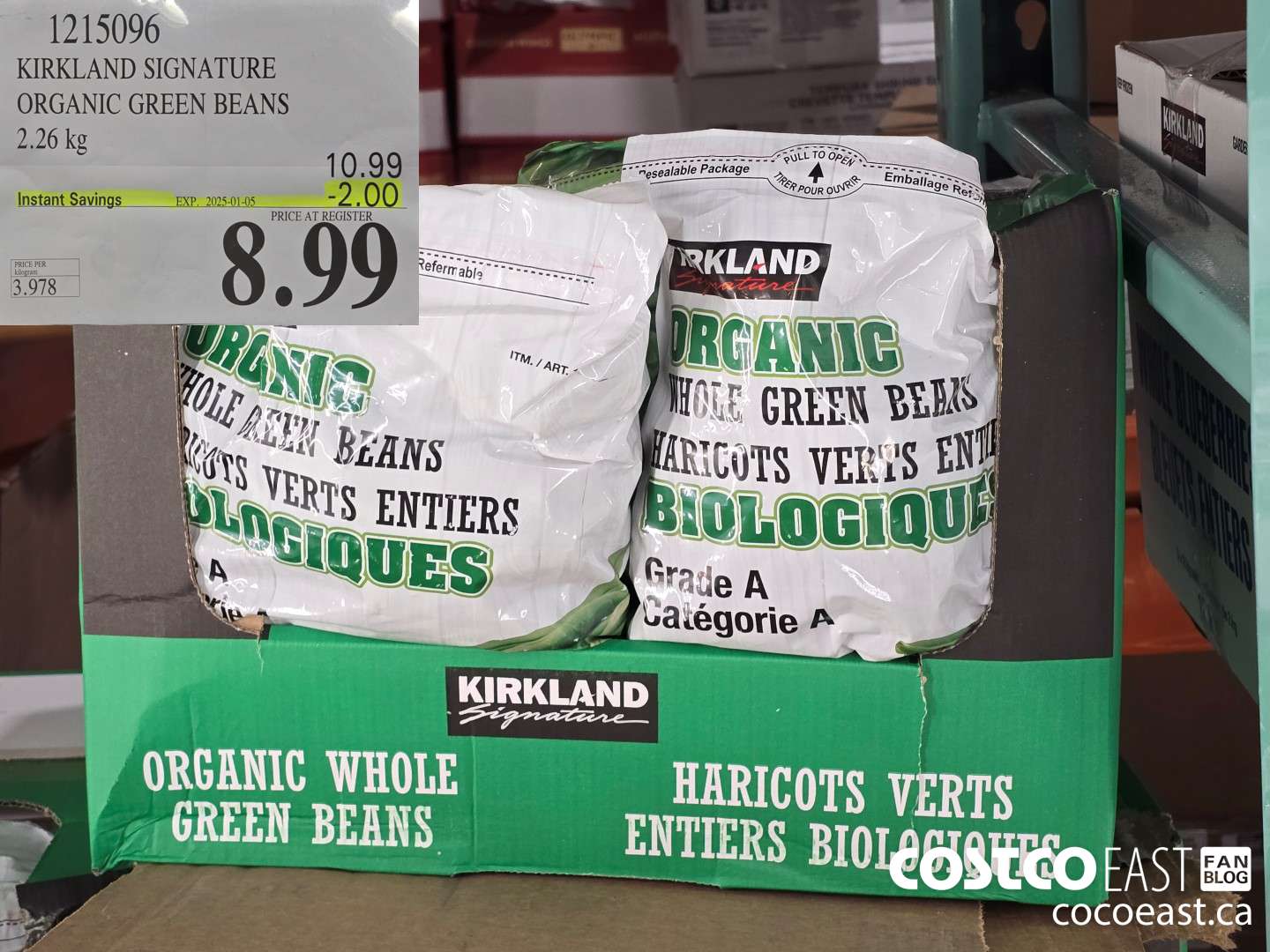 1215096 KIRKLAND SIGNATURE ORGANIC GREEN BEANS 2.26 KG ($2.00 INSTANT SAVINGS EXPIRES ON 2025-01-05) $8.99