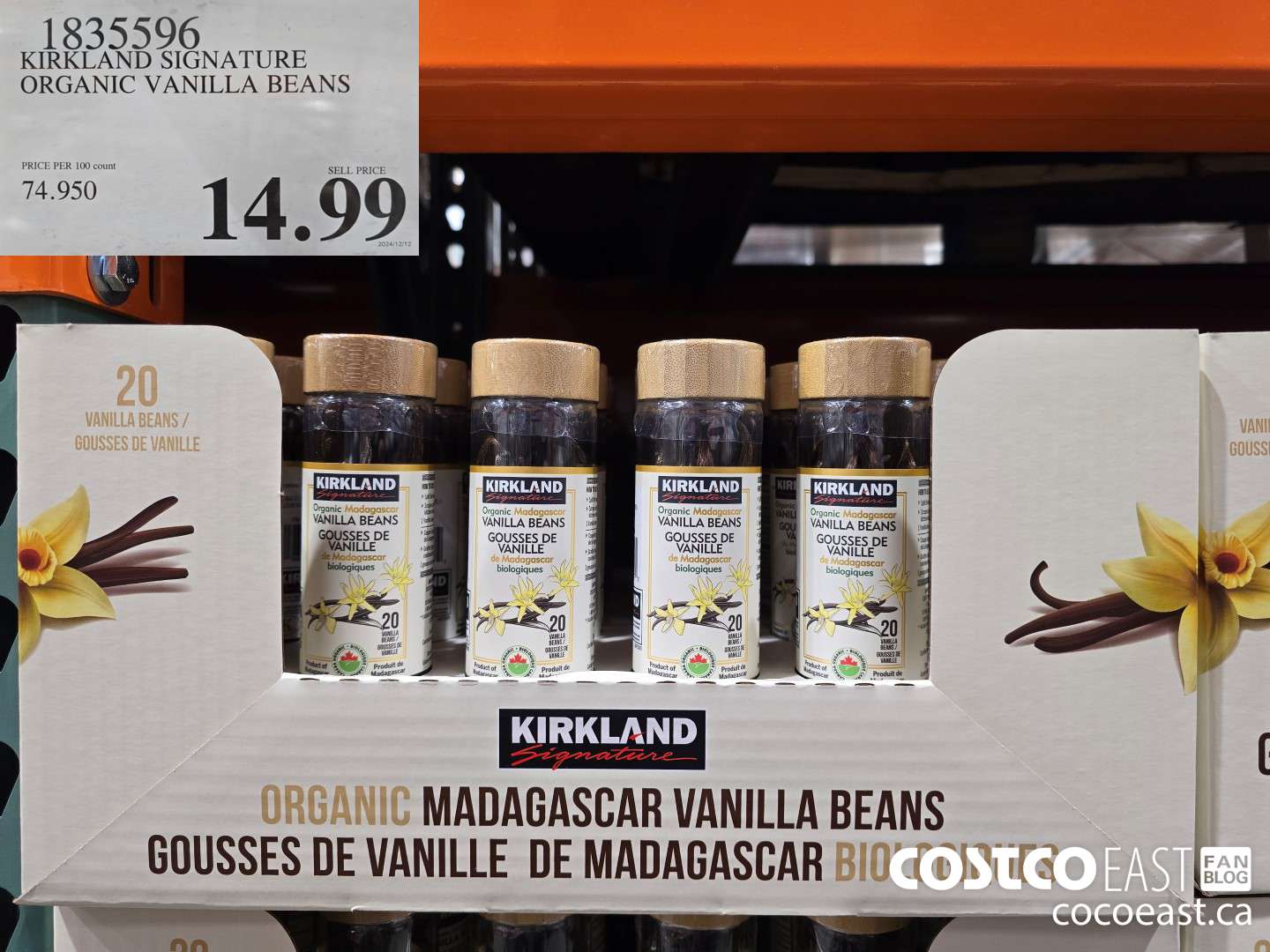 1835596 KIRKLAND SIGNATURE ORGANIC VANILLA BEANS $14.99