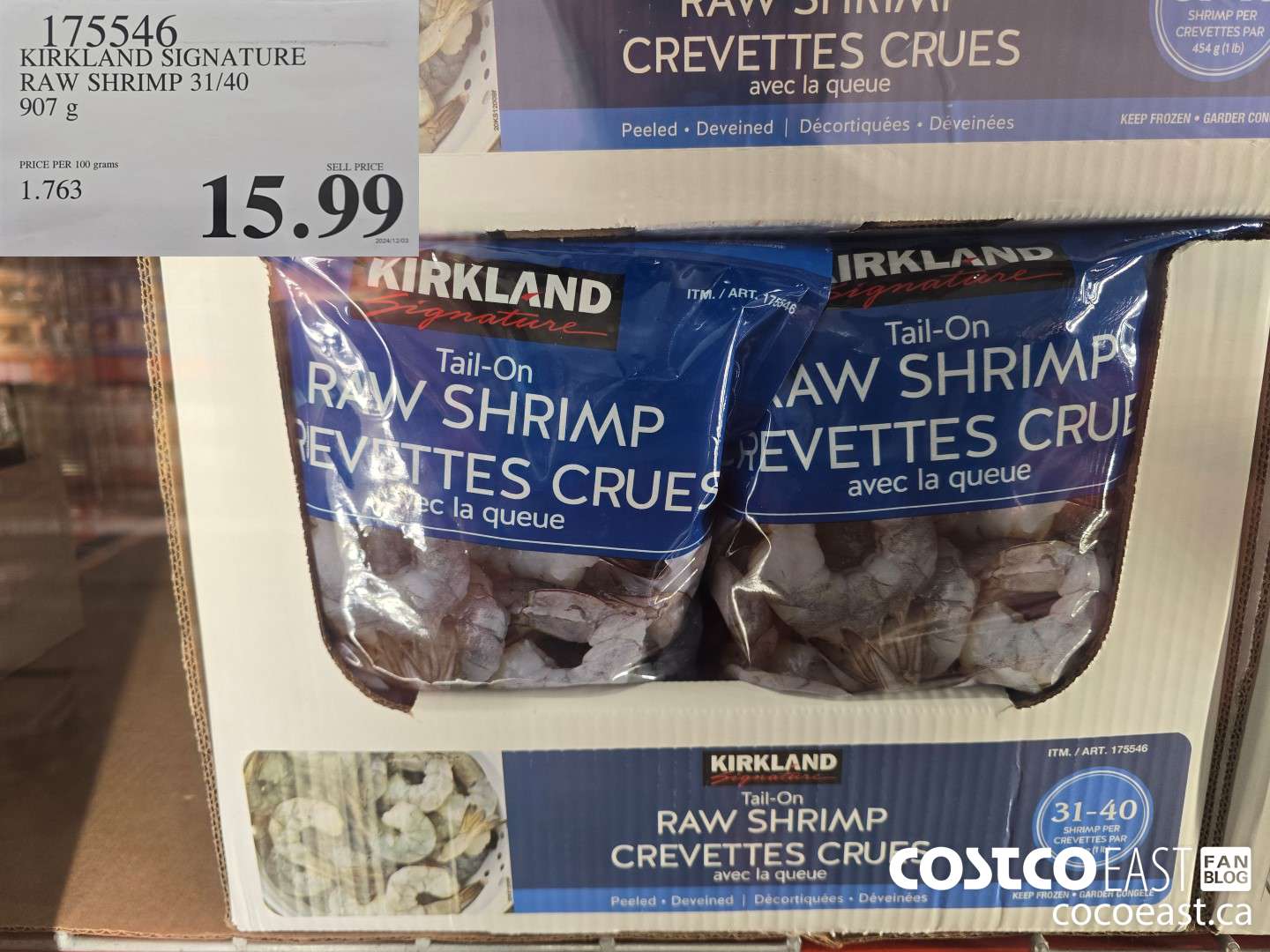 175546 KIRKLAND SIGNATURE RAW SHRIMP 31/40 907 g $15.99