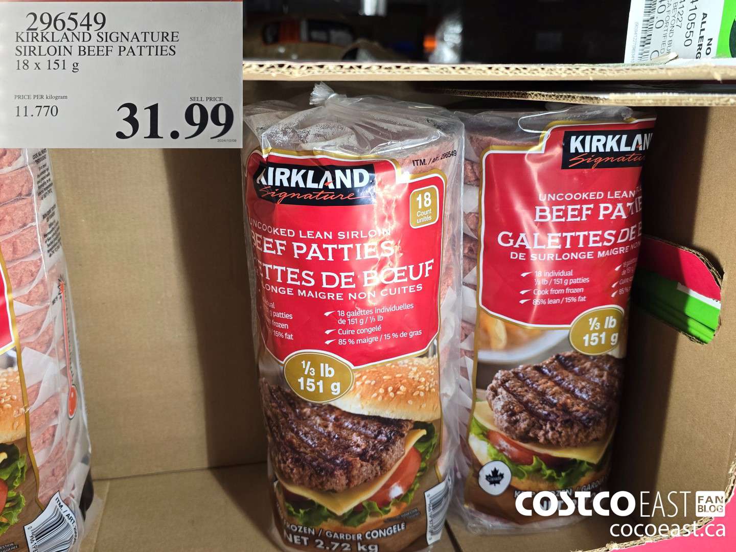 296549 KIRKLAND SIGNATURE SIRLOIN BEEF PATTIES 18 x 151 G $31.99