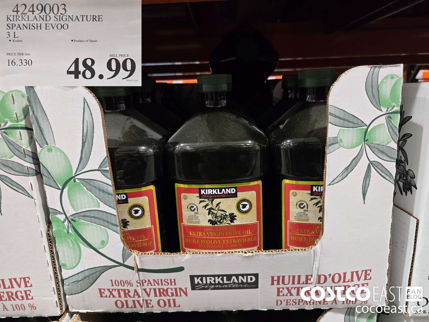 4249003 KIRKLAND SIGNATURE SPANISH EVOO 3 L $48.99