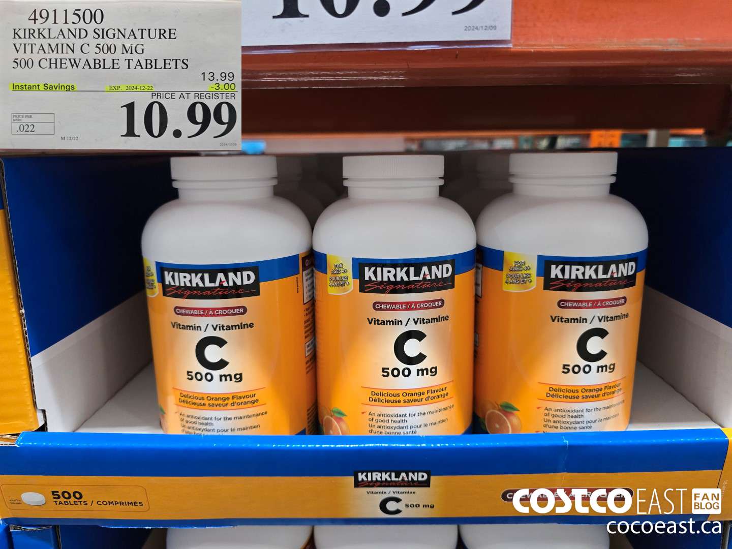 4911500 KIRKLAND SIGNATURE VITAMIN C 500 MG 500 CHEWABLE TABLETS ($3.00 INSTANT SAVINGS EXPIRES ON 2024-12-22) $10.99