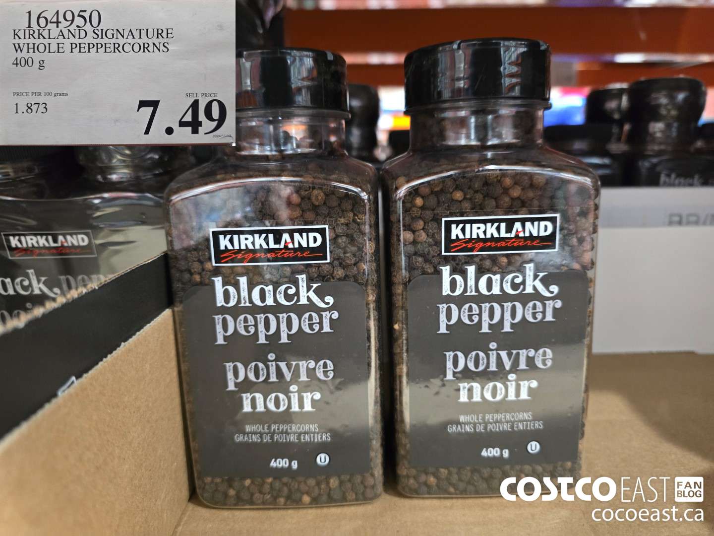 164950 KIRKLAND SIGNATURE WHOLE PEPPERCORNS 400 G $7.49