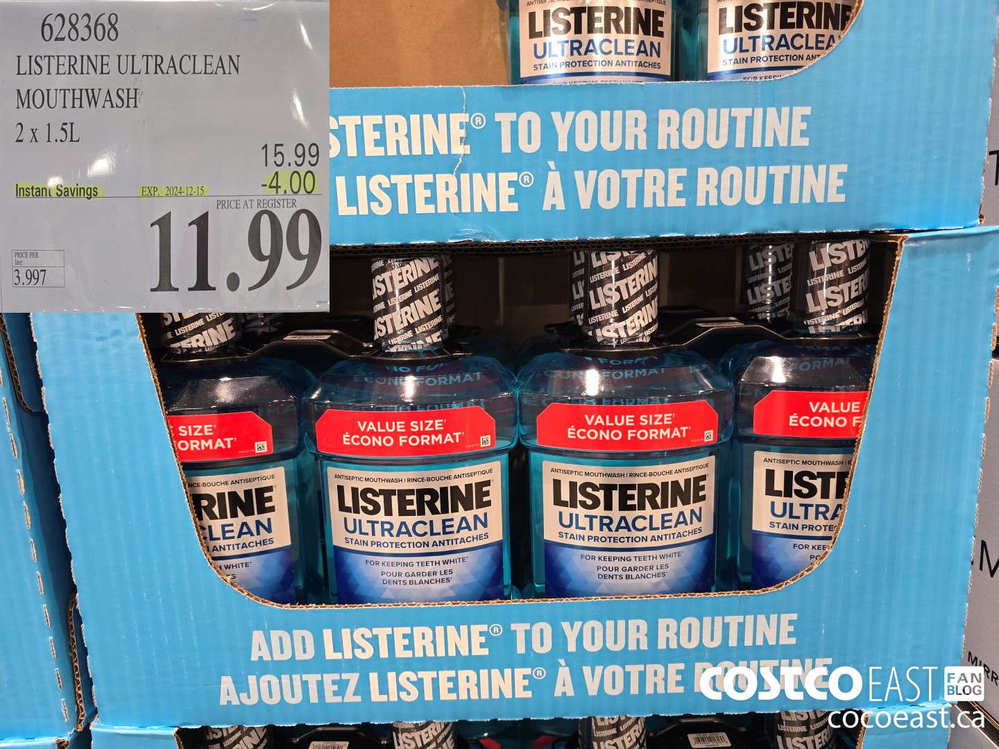 628368 LISTERINE ULTRACLEAN MOUTHWASH 2 X 1.5L ($4.00 INSTANT SAVINGS EXPIRES ON 2024-12-15) $11.99