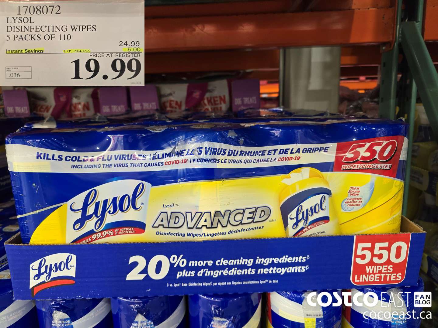 1708072 LYSOL DISINFECTING WIPES 5 PACKS OF 110 ($5.00 INSTANT SAVINGS EXPIRES ON 2024-12-22) $19.99