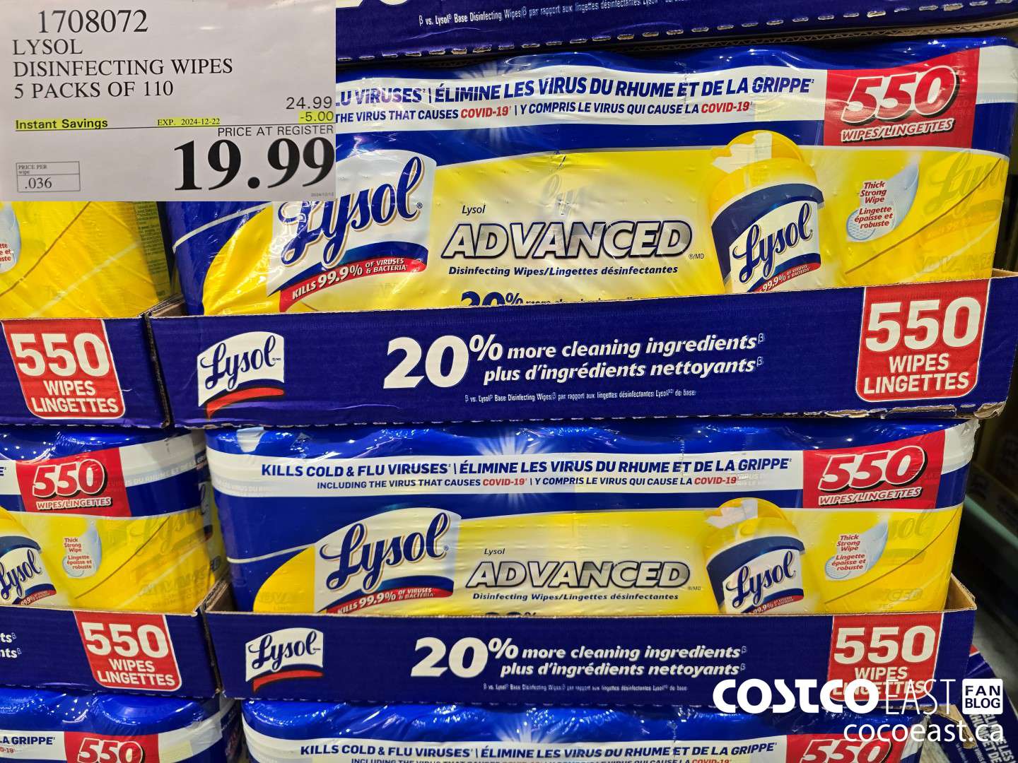 1708072 LYSOL DISINFECTING WIPES 5 PACKS OF 110 ($5.00 INSTANT SAVINGS EXPIRES ON 2024-12-22) $19.99