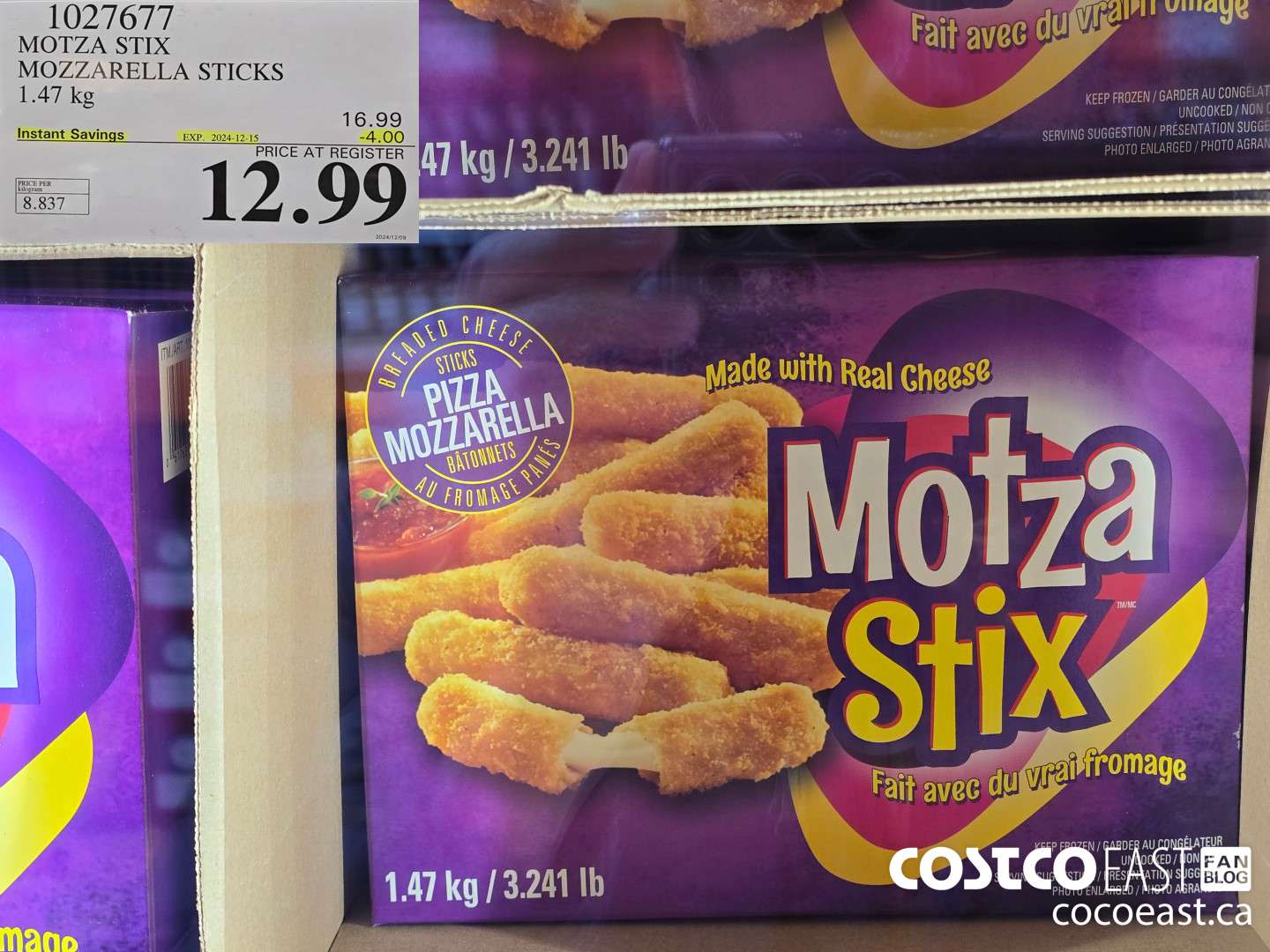 1027677 MOTZA STIX MOZZARELLA STICKS 1.47 KG  ($4.00 INSTANT SAVINGS EXPIRES ON 2024-12-15) $12.99