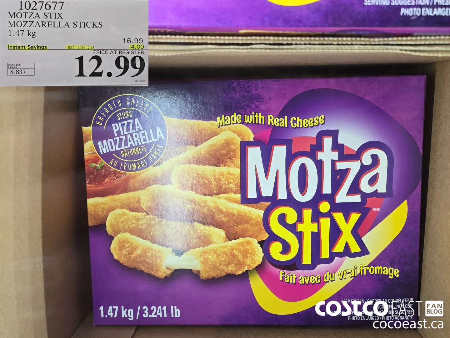 1027677 MOTZA STIX MOZZARELLA STICKS 1.47 KG  ($4.00 INSTANT SAVINGS EXPIRES ON 2024-12-15) $12.99