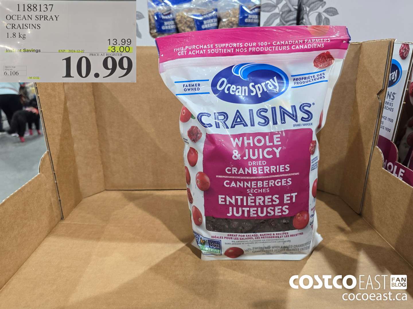1188137 OCEAN SPRAY CRAISINS 1.8 KG ($3.00 INSTANT SAVINGS EXPIRES ON 2024-12-22) $10.99