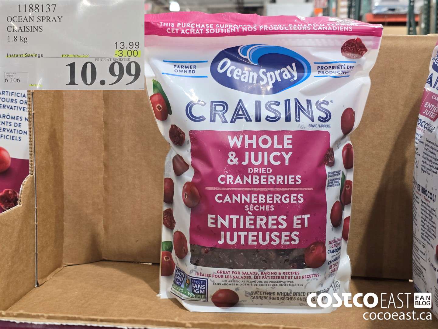 1188137 OCEAN SPRAY CRAISINS 1.8 KG ($3.00 INSTANT SAVINGS EXPIRES ON 2024-12-22) $10.99