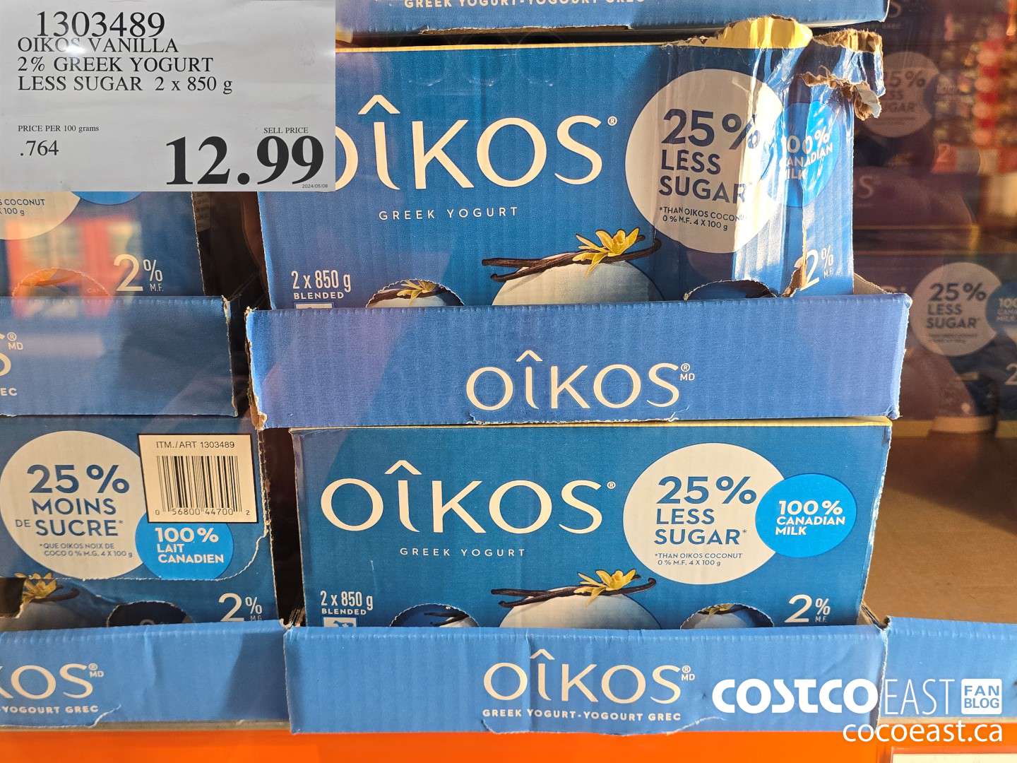 1303489 OIKOS VANILLA 2% GREEK YOGURT LESS SUGAR 2 x 850g $12.99