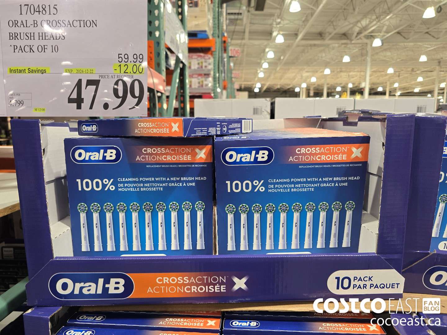 1704815 ORAL-B CROSSACTION BRUSH HEADS PACK OF 10 ($12.00 INSTANT SAVINGS EXPIRES ON 2024-12-22) $47.99