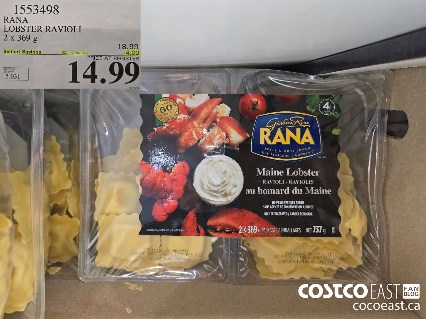 1553498 RANA LOBSTER RAVIOLI 2 x 369 g ($4.00 INSTANT SAVINGS EXPIRES ON 2024-12-22) $14.99