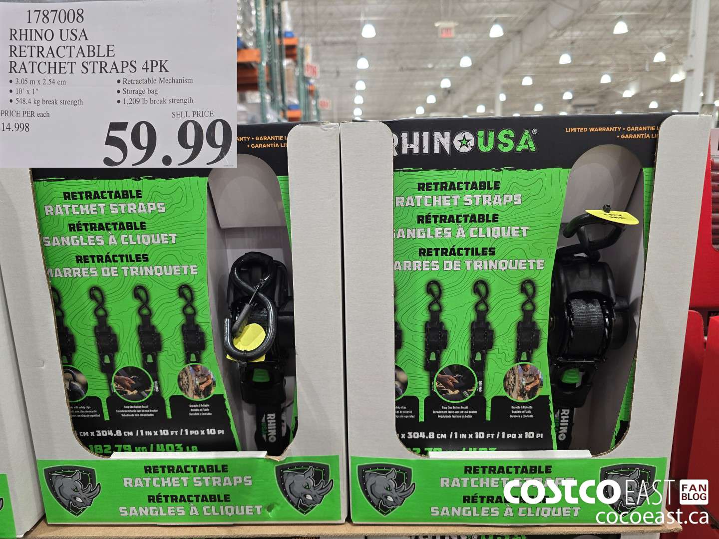 1787008 RHINO USA RETRACTABLE RATCHET STRAPS 4PK $59.99