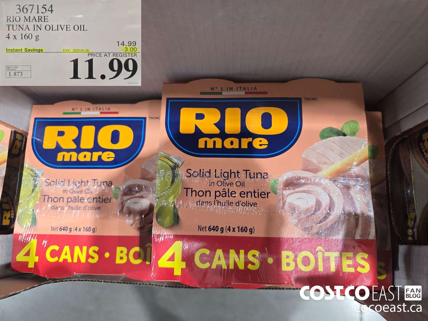 367154 RIO MARE TUNA IN OLIVE OIL 4 x 160 g ($3.00 INSTANT SAVINGS EXPIRES ON 2025-01-26) $11.99