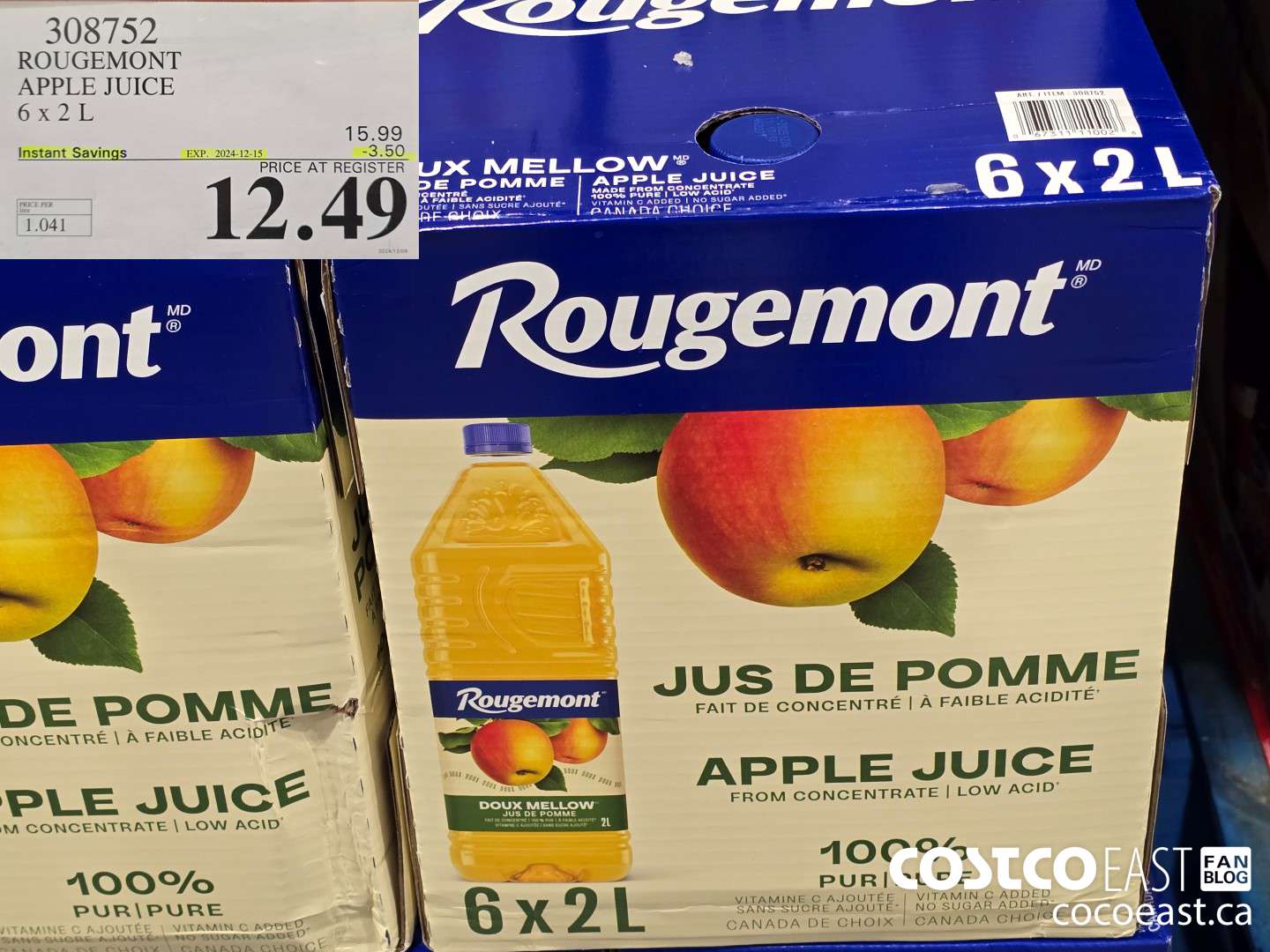 308752 ROUGEMONT APPLE JUICE 6 X 2 L ($3.50 INSTANT SAVINGS EXPIRES ON 2024-12-15) $12.49
