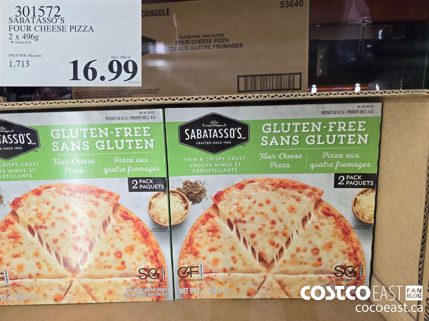 301572 SABATASSO'S FOUR CHEESE PIZZA 2 X 496G $16.99