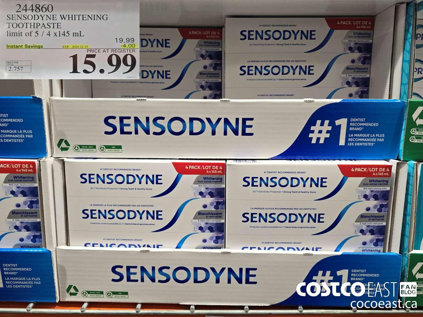 244860 SENSODYNE WHITENING TOOTHPASTE LIMIT OF 5 4 X 145 ML ($4.00 INSTANT SAVINGS EXPIRES ON 2024-12-15) $15.99