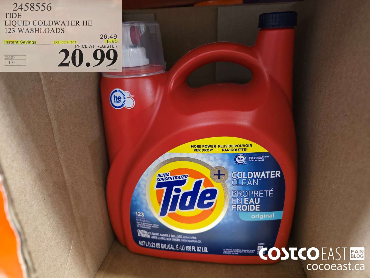2458556 TIDE LIQUID COLDWATER HE 123 WASHLOADS ($5.50 INSTANT SAVINGS EXPIRES ON 2024-12-22) $20.99