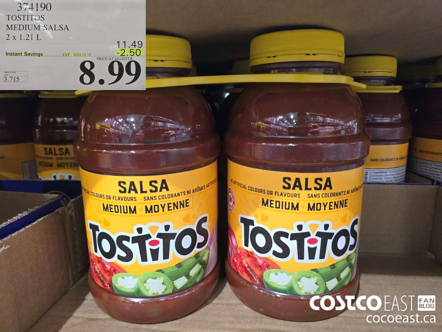 374190 TOSTITOS MEDIUM SALSA 2 X 1.21 L ($2.50 INSTANT SAVINGS EXPIRES ON 2024-12-15) $8.99