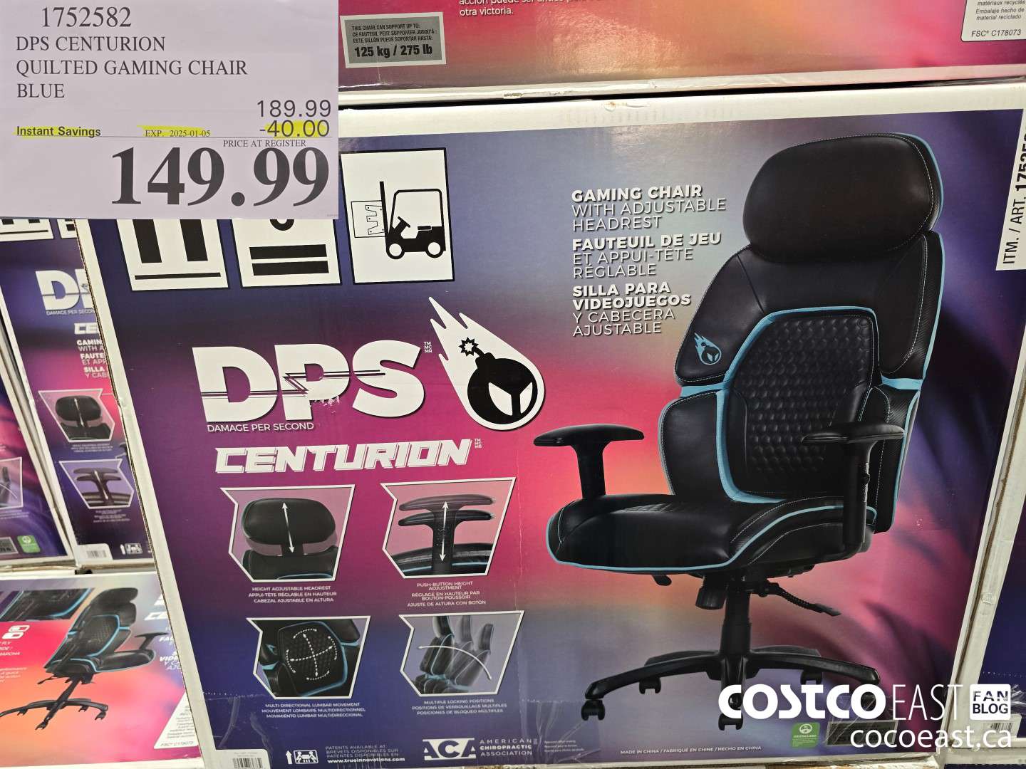 1752582 TRUE INNOVATIONS QUILTED GAMING CHAIR BLUE ($40.00 INSTANT SAVINGS EXPIRES ON 2025-01-05) $149.99