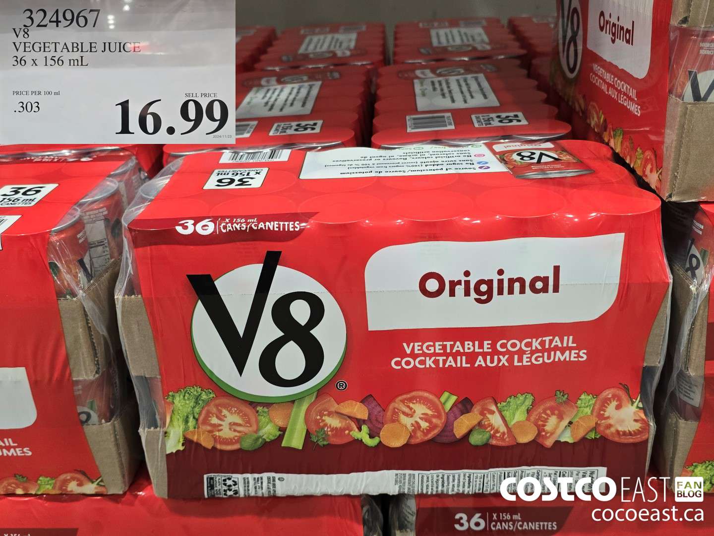 324967 V8 VEGETABLE JUICE 36 x 156 mL $16.99