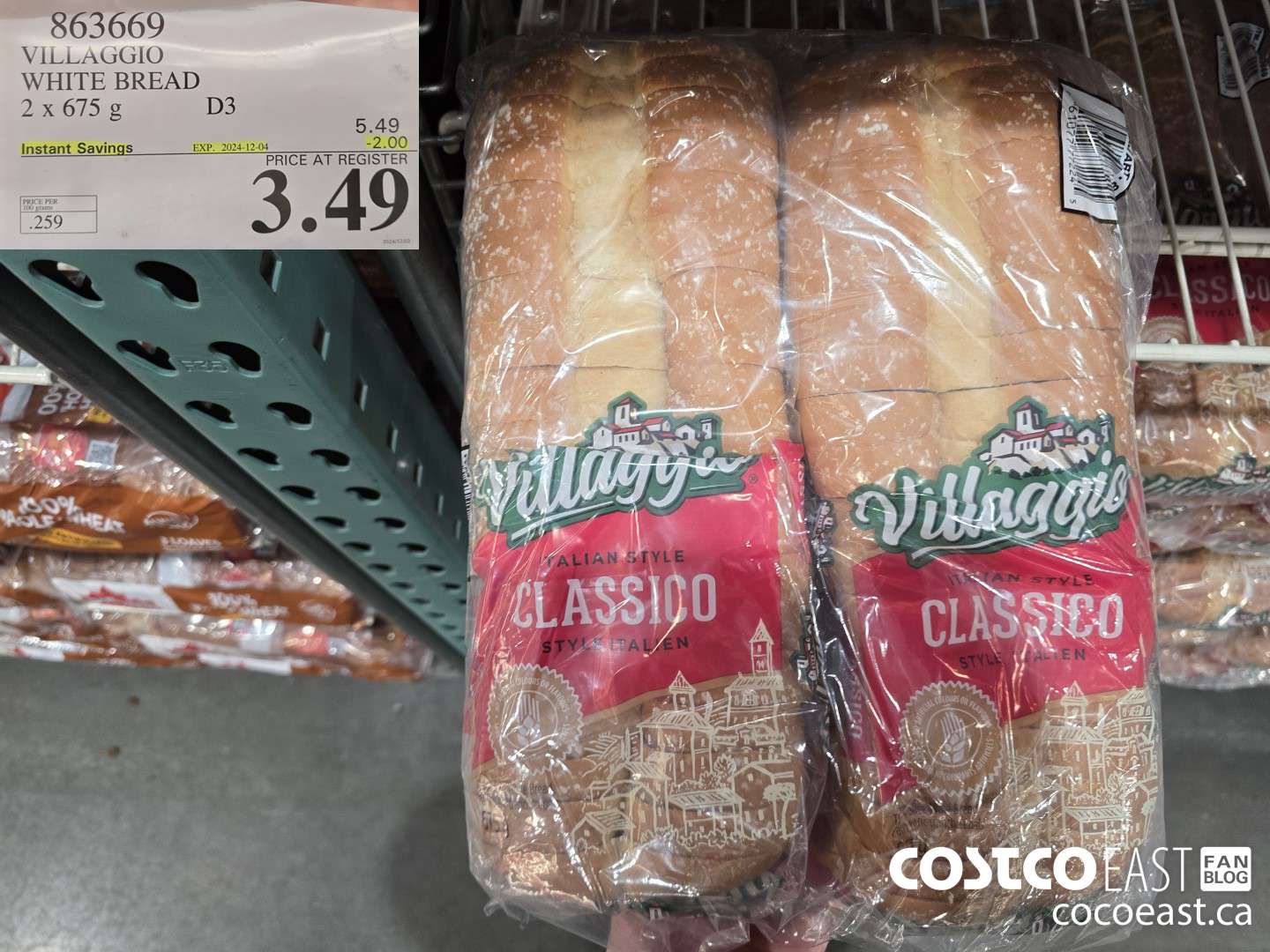 863669 VILLAGGIO WHITE BREAD 2 X 675G ($2.00 INSTANT SAVINGS EXPIRES ON 2024-12-04) $3.49