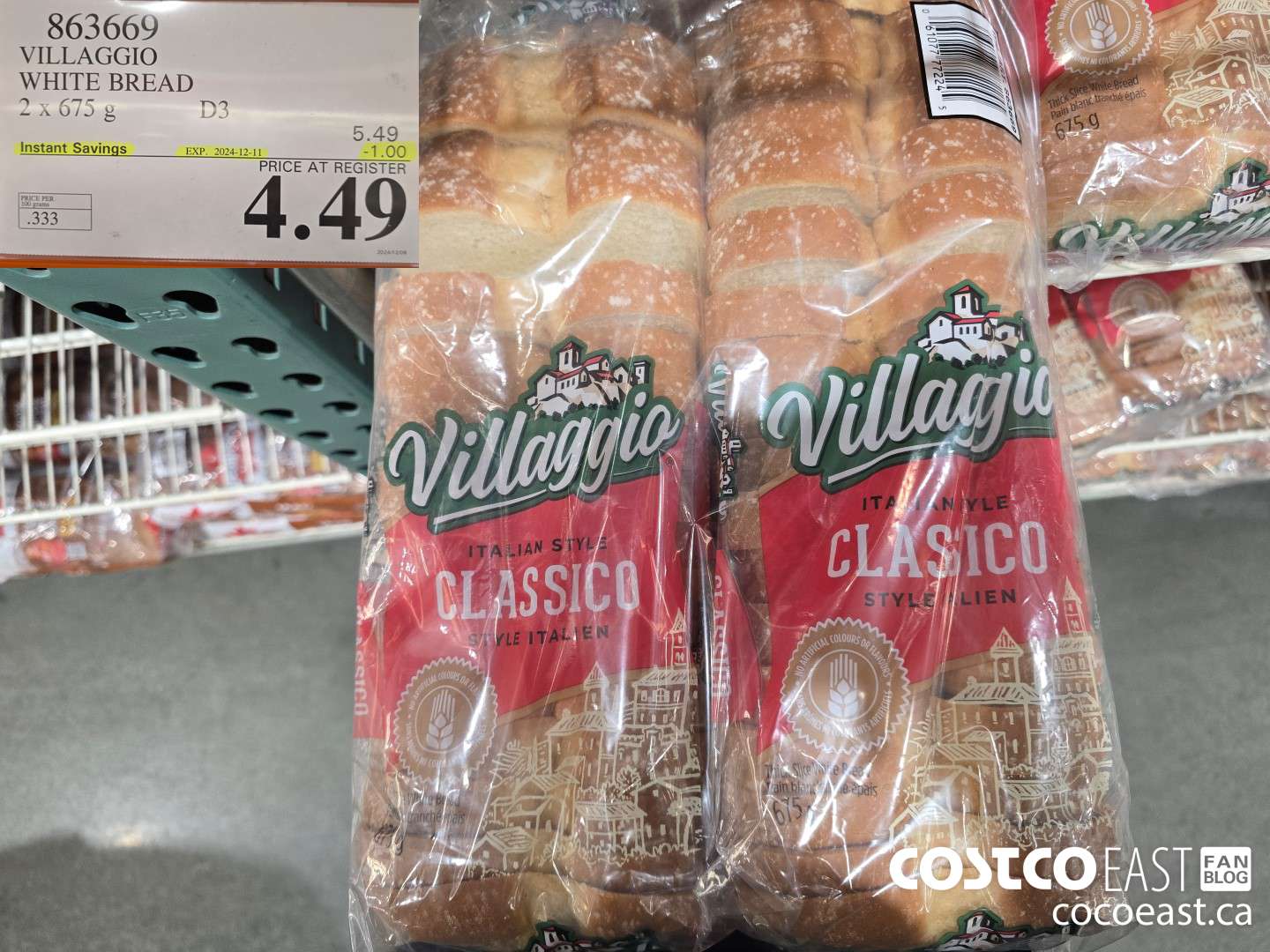863669 VILLAGGIO WHITE BREAD 2 X 675G ($1.00 INSTANT SAVINGS EXPIRES ON 2024-12-11) $4.49