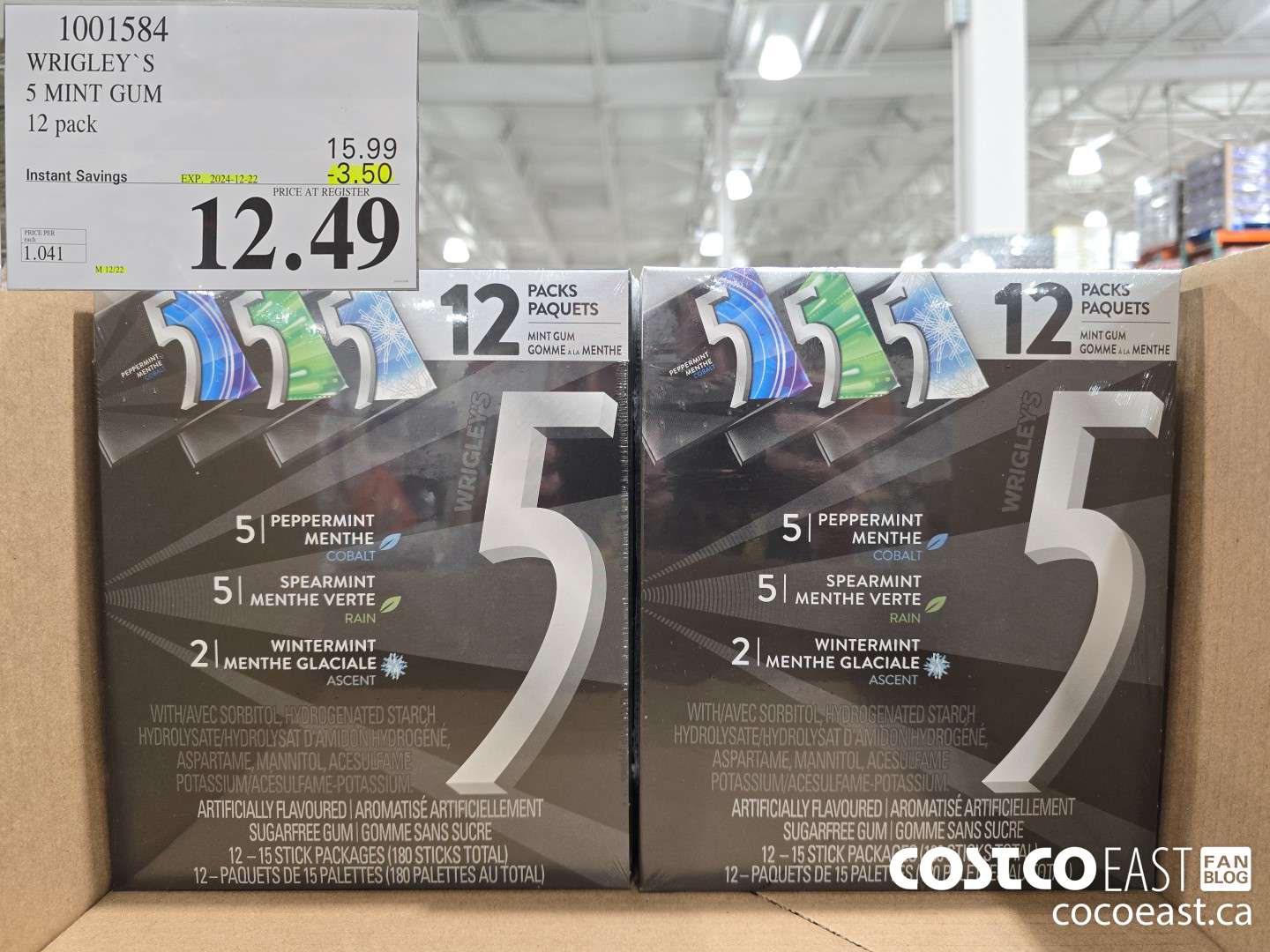 1001584 WRIGLEY'S 5 MINT GUM PACK OF 12 ($3.50 INSTANT SAVINGS EXPIRES ON 2024-12-22) $12.49