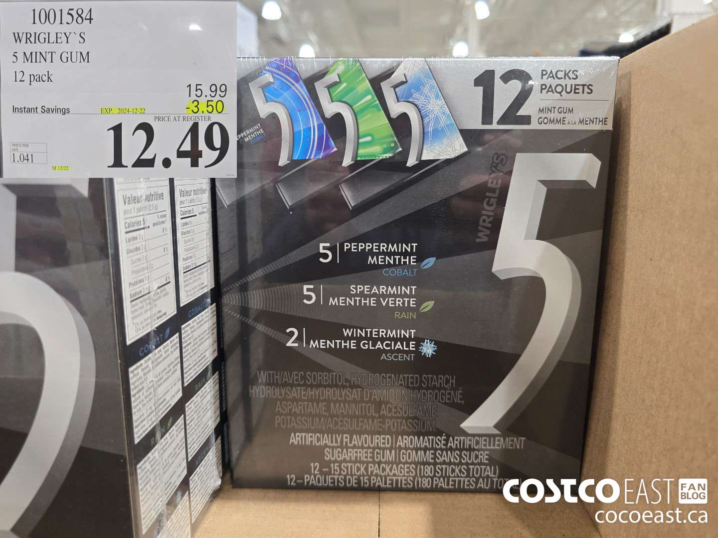 1001534 WRIGLEY ‘S 5 MINT GUM 12 pack ($3.50 INSTANT SAVINGS EXPIRES ON 2024-12-22) $12.49