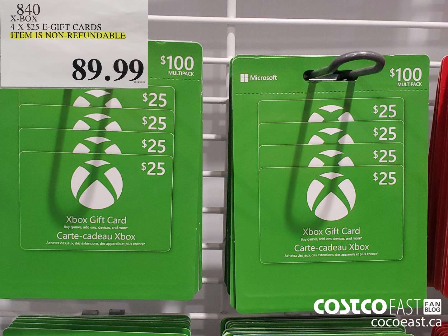 840 X-BOX 4 X $25 E-GIFT CARDS ITEM IS NON-REFUNDABLE  $89.99