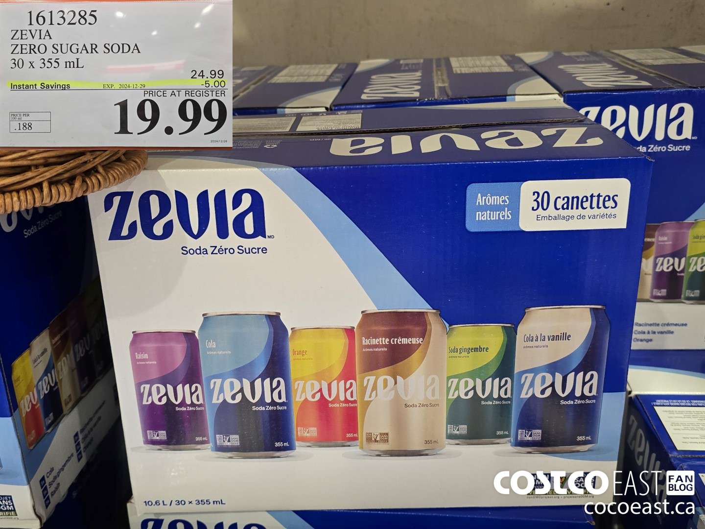1613285 ZEVIA ZERO SUGAR SODA 30 x 355 ml ($5.00 INSTANT SAVINGS EXPIRES ON 2024-12-29) $19.99