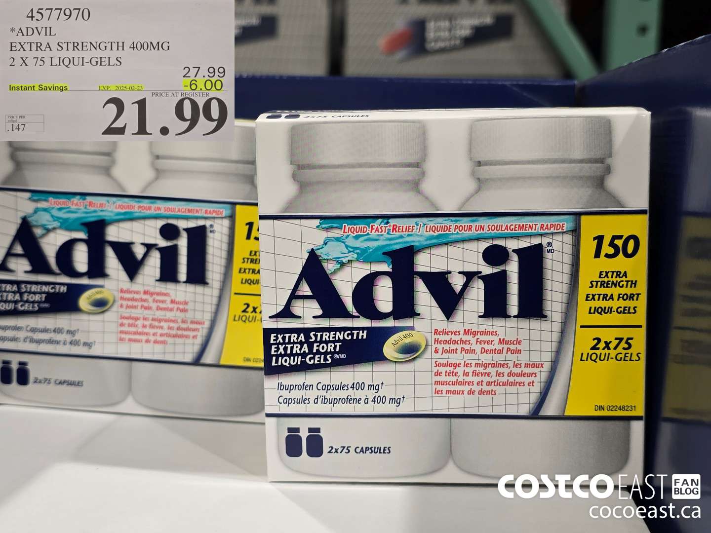 4577970 ADVIL EXTRA STRENGTH 400 MG 2 X 75 LIQUI-GELS ($6.00 INSTANT SAVINGS EXPIRES ON 2025-02-23) $21.99