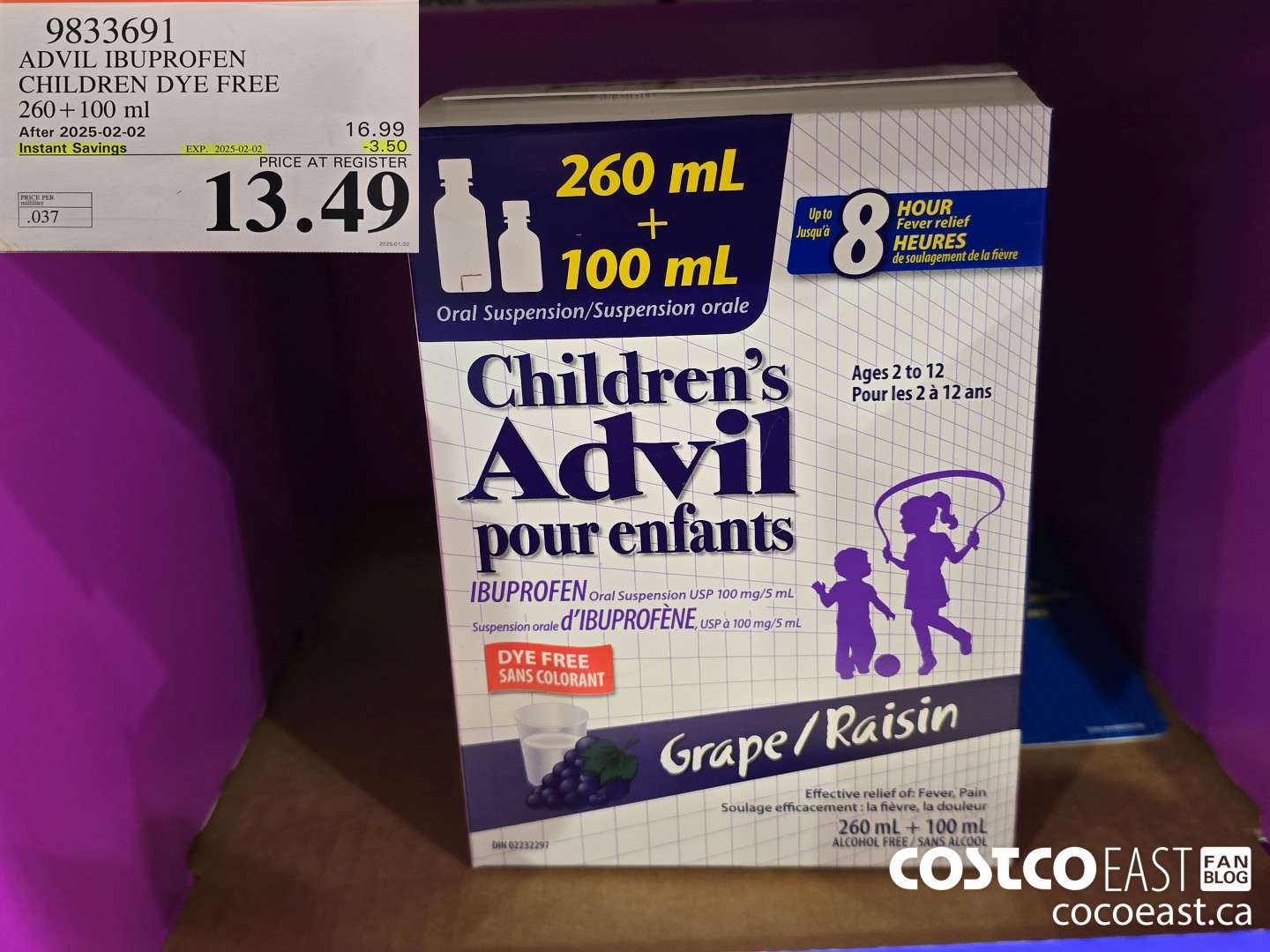 9833691 ADVIL IBUPROFEN CHILDREN DYE FREE 260 + 100ML ($3.50 INSTANT SAVINGS EXPIRES ON 2025-02-02) $13.49