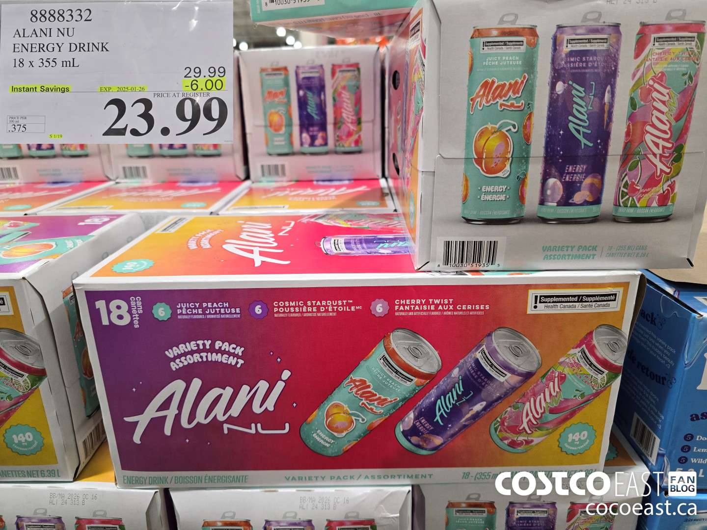 8888332 ALANI NU ENERGY DRINK 18 x 355 mL ($6.00 INSTANT SAVINGS EXPIRES ON 2025-01-26) $23.99