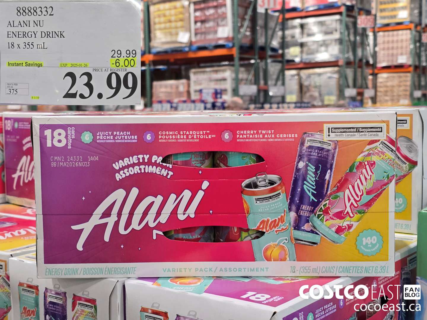 8888332 ALANI NU ENERGY DRINK 18 x 355 mL ($6.00 INSTANT SAVINGS EXPIRES ON 2025-01-26) $23.99