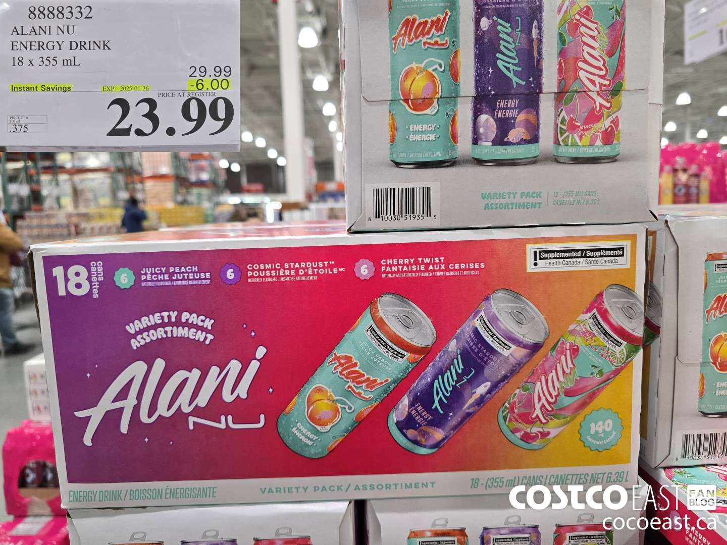 8888332 ALANI NU ENERGY DRINK 18 x 355 mL ($6.00 INSTANT SAVINGS EXPIRES ON 2025-01-26) $23.99