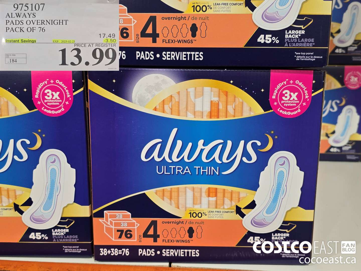 975107 ALWAYS PADS OVERNIGHT PACK OF 76 ($3.50 INSTANT SAVINGS EXPIRES ON 2025-02-23) $13.99