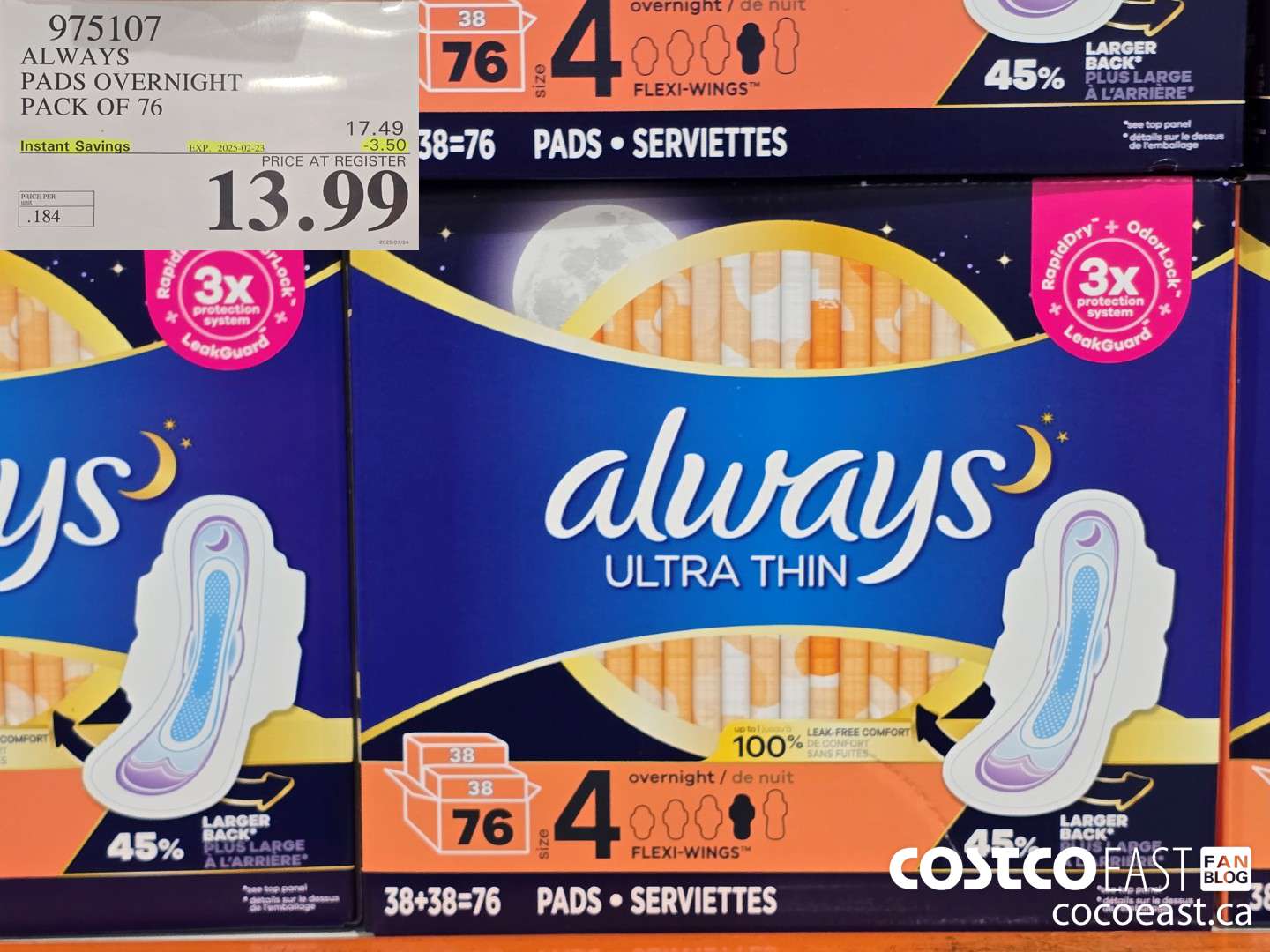 975107 ALWAYS PADS OVERNIGHT PACK OF 76 ($3.50 INSTANT SAVINGS EXPIRES ON 2025-02-23) $13.99