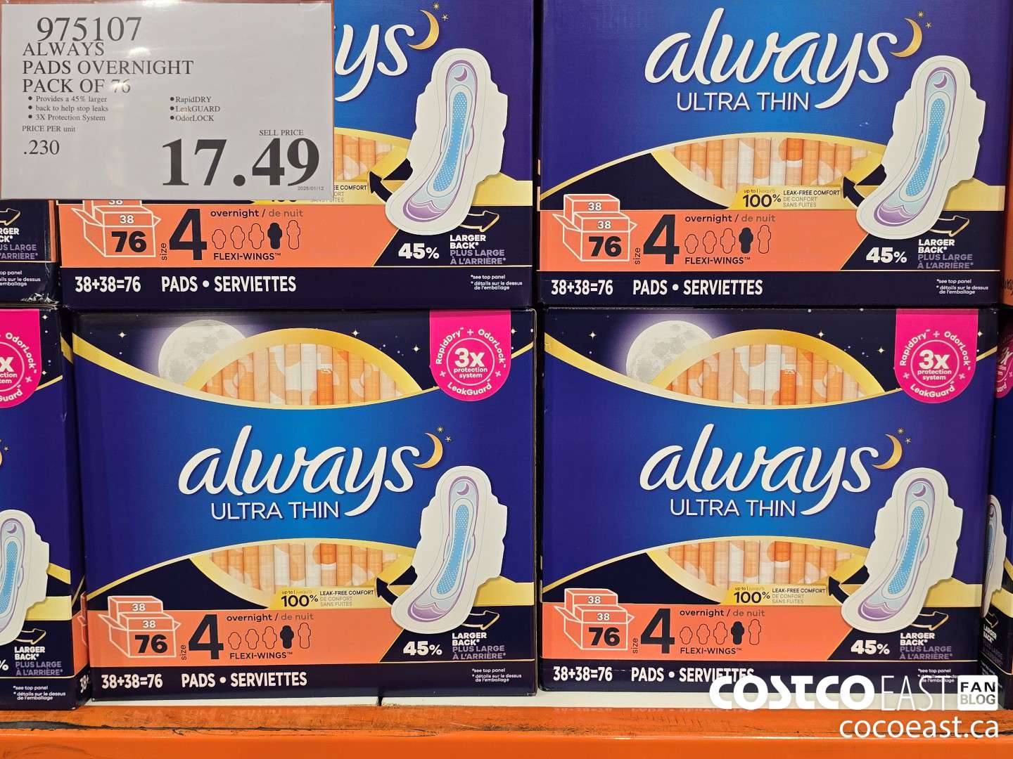 975107 ALWAYS ULTRA THIN PADS OVERNIGHT PACK OF 76 $17.49