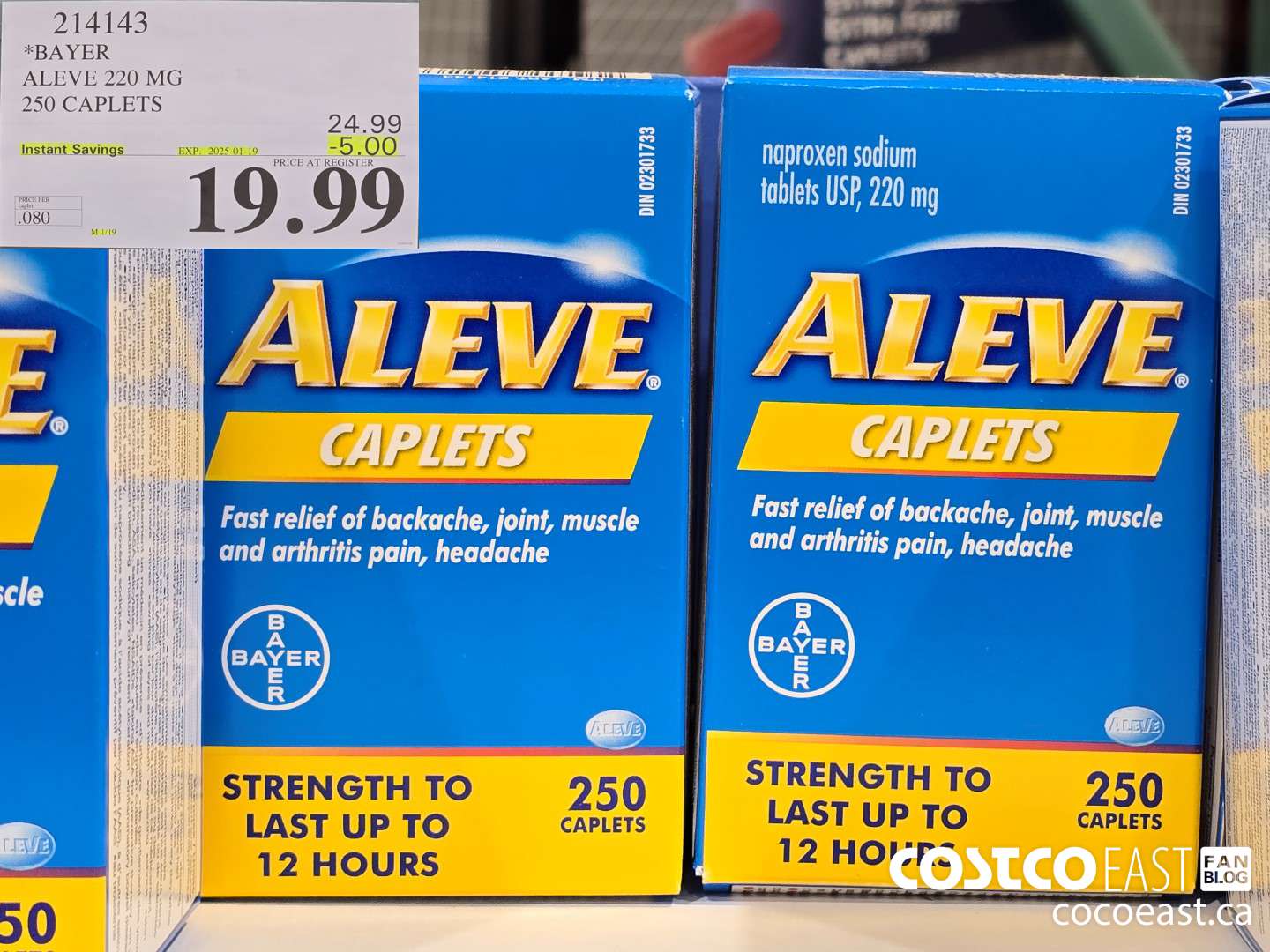 214143 BAYER ALEVE 220 MG 250 CAPLETS ($5.00 INSTANT SAVINGS EXPIRES ON 2025-01-19) $19.99