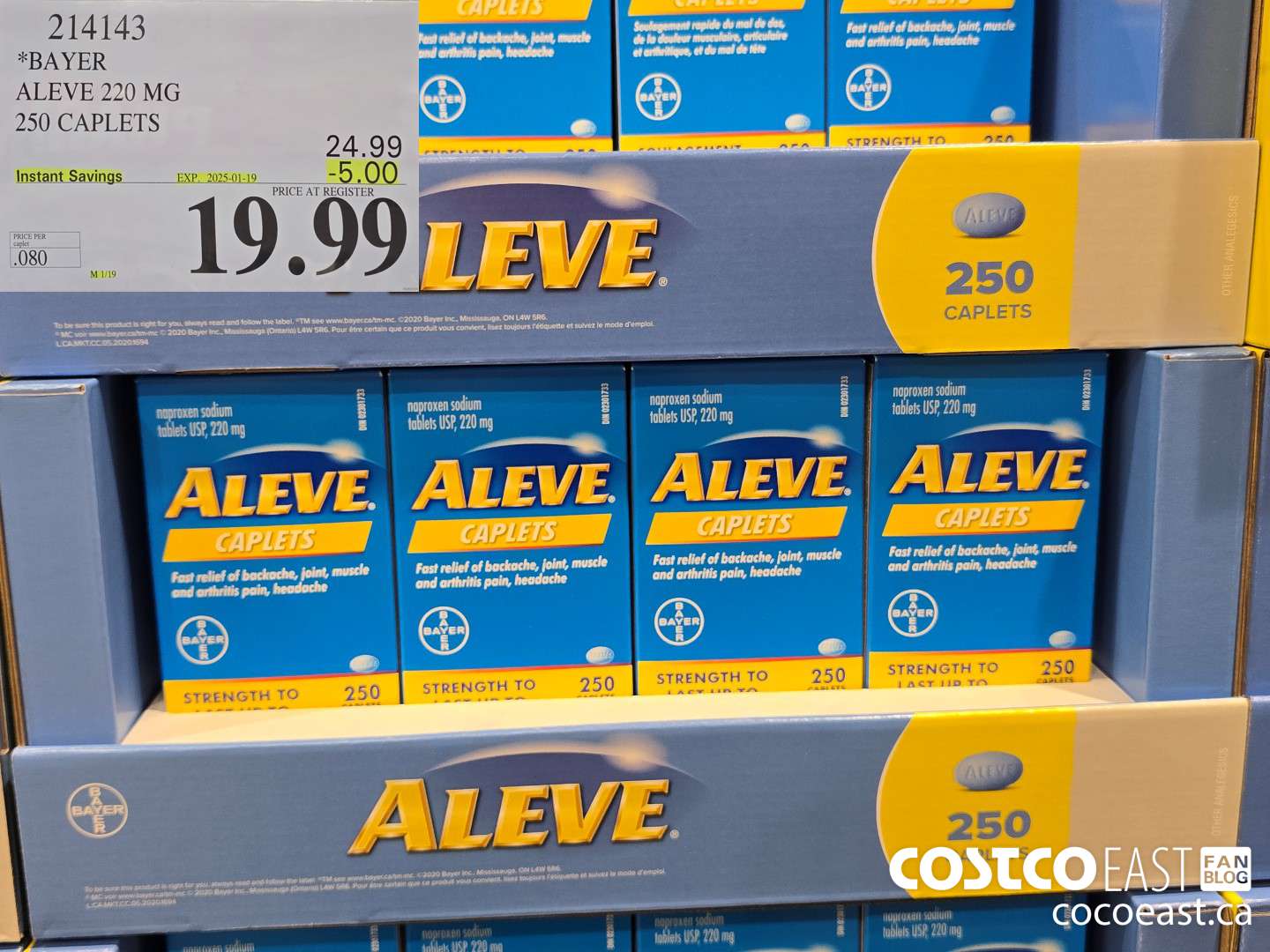 214143 BAYER ALEVE 220 MG 250 CAPLETS ($5.00 INSTANT SAVINGS EXPIRES ON 2025-01-19) $19.99