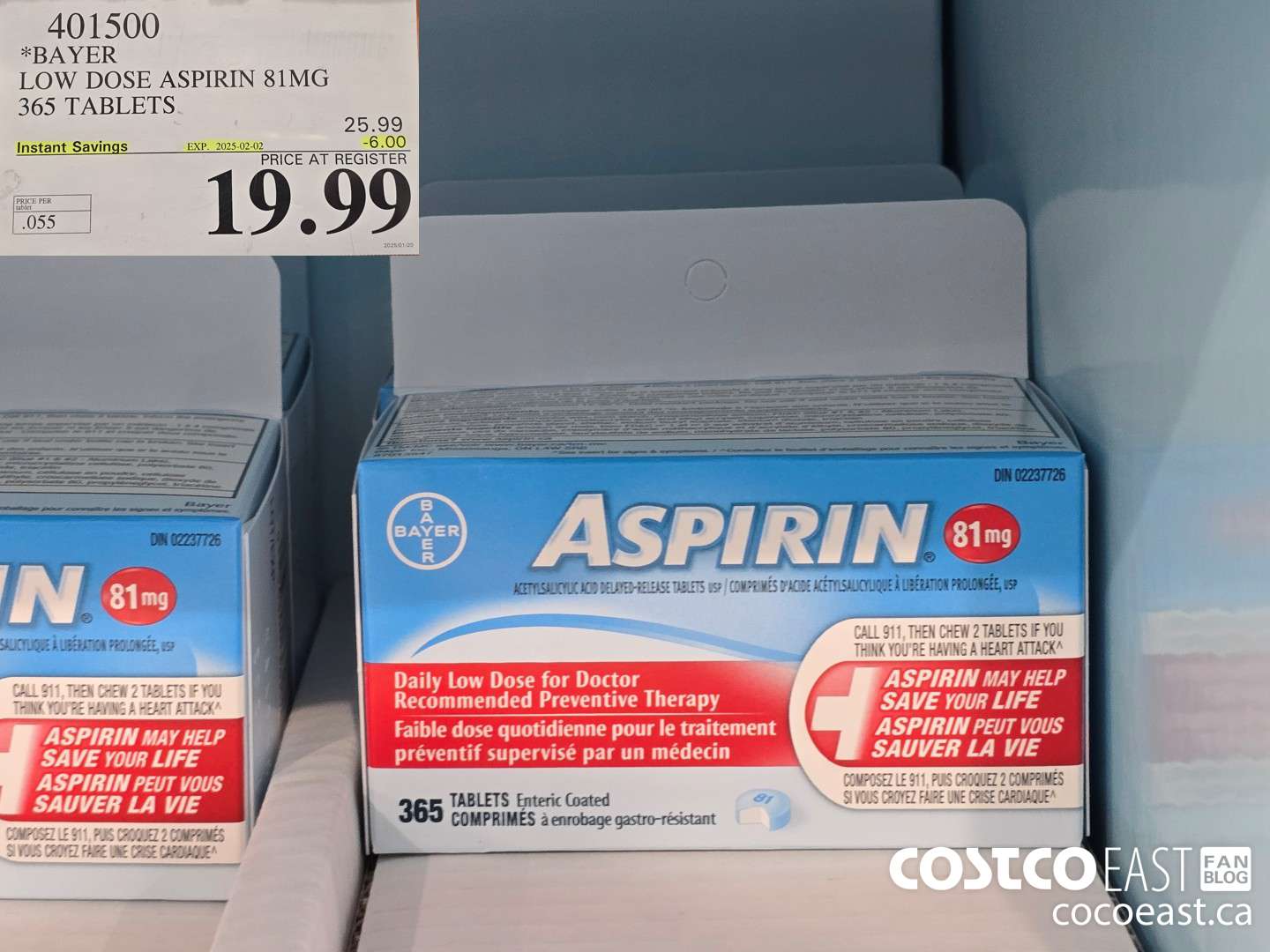 401500 BAYER LOW DOSE ASPIRIN 81MG 365 TABLETS ($6.00 INSTANT SAVINGS EXPIRES ON 2025-02-02) $19.99